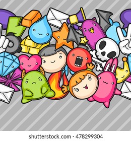 Game kawaii seamless pattern. Cute gaming design elements, objects and symbols.