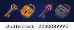 Game keys and locks ui icons, loot box gamer assets. Bronze and iron skeleton keys and padlocks. Cartoon graphic design elements with mysterious glow for rpg, quest or arcade, Vector illustration, set