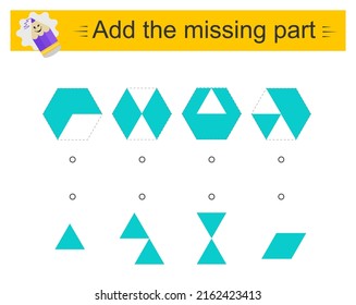 Game for kids. Add the missing part. IQ training test. Printable worksheet. Vector illustration. 