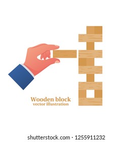 Game for kids and adults. Wooden block stack holding in hand. Vector illustration flat design. Isolated on white background. Table game.