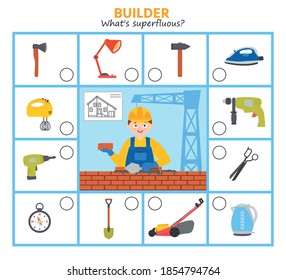 Game for kids. Builder. What's superfluous?  Preschool worksheet activity. Children funny riddle entertainment for the development of logical thinking