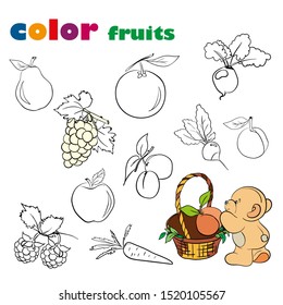 Game for kids. Color fruits. Сabbage, pepper, carrots, beets, radishes, raspberries, peas, pear, grapes, orange, plum Coloring book. Workbook.  Game for kids.