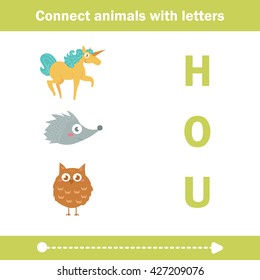 Game for kids. Connect animals with letters. Cartoon illustration, flat style. Vector unicorn, hedgehog, owl