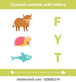 Game for kids. Connect animals with letters. Cartoon illustration, flat style. Vector yak, turtle, fish