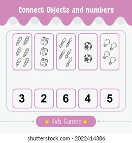 Game for Kids to Connect Objects and numbers. Educational worksheet for kids vector illustration