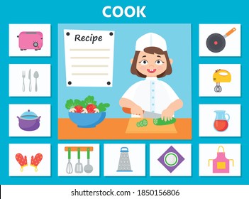 Game for kids. Cook. Cards. Preschool worksheet activity. Children funny riddle entertainment for the development of logical thinking