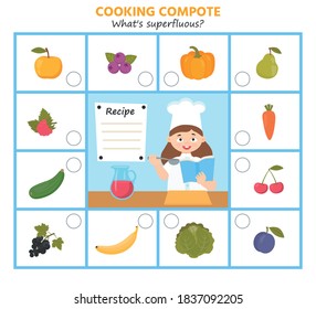 Game for kids. Cooking compote. What products are superfluous?  Preschool worksheet activity. Children funny riddle entertainment for the development of logical thinking