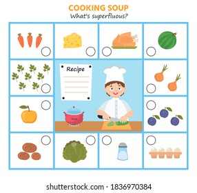Game for kids. Cooking soup. What's superfluous?  Preschool worksheet activity. Children funny riddle entertainment for the development of logical thinking