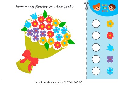 Game for kids. Count how many flowers are in the bouquet? Educational a mathematical game. Printable worksheet.  Children funny riddle entertainment