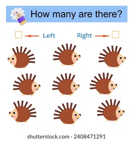 Game for kids. Count how many hedgehogs are turned left and how many are turned right. 