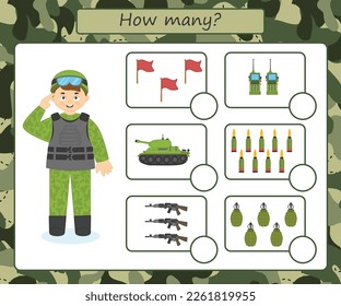 Game for kids. Count the number of items. Military educational activity. Preschool worksheet activity for children. Vector illustration