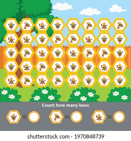 Game for kids with cute bees. Learn count. Activity Worksheet for kids learning forms. Vector illustration
