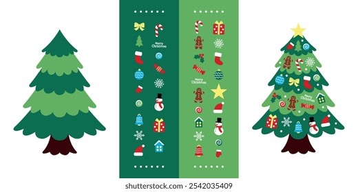 juego para niños, decorar un árbol de Navidad con un ejemplo, cortar y pegar, Ilustración vectorial para niños actividad