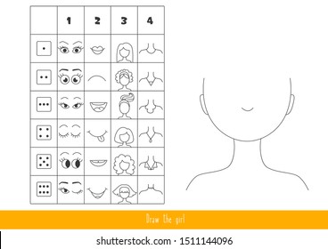 Game for kids with dice. Roll the dice and draw a girl.