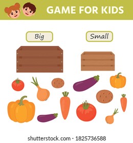 Game for kids. Distribute vegetables, fruits and berries in the boxes. Big and small. Preschool worksheet activity. Children funny riddle entertainment. Vector Illustration