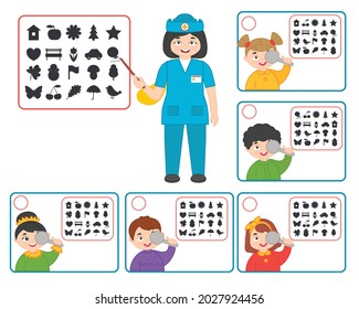 Game For Kids. Doctor Oculist Pointing At Children Eyesight Test Chart Symbols. Optometrist Checking Kid Eyesight. Printable Worksheet Vector Illustration
