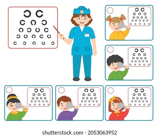 Game For Kids. Doctor Oculist Pointing At Children Eyesight Test Chart Symbols. Optometrist Checking Kid Eyesight. Printable Worksheet Vector Illustration In Cartoon Style