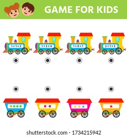 Game for kids. Educational page for children on addition and subtraction. Train. Printable  worksheet activity. Trains attention and concentration. Vector illustration