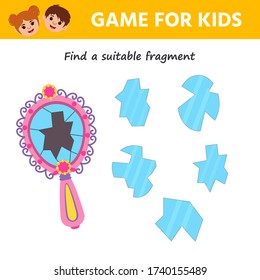 Game for kids. Educational page for children on addition and subtraction. Broken mirror. Find the Shard. Printable  worksheet activity. Trains attention and concentration