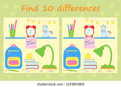 Game for kids. Find 10 differences in the pictures. Back to school.