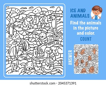 Game for kids. Find animals among snow, color and count. Puzzle with hidden objects. Funny cartoon characters. Coloring and children. Vector illustration.