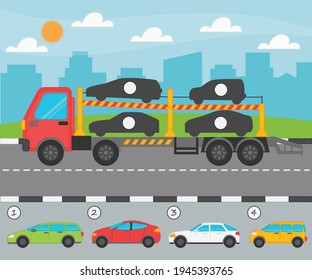 Game for kids. Find by the shadow what cars the loader is carrying. Children funny education riddle entertainment and amusement. Vector illustration
