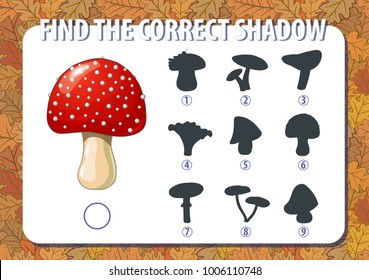 Game for kids. Find the correct shadow of mushroom. Horizontal, album orientation. Background with autumn yellow oak leaves