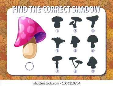 Game for kids. Find the correct shadow of mushroom. Horizontal, album orientation. Background with autumn yellow oak leaves