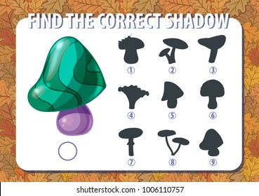 Game for kids. Find the correct shadow of mushroom. Horizontal, album orientation. Background with autumn yellow oak leaves