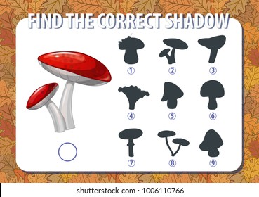 Game for kids. Find the correct shadow of mushroom. Horizontal, album orientation. Background with autumn yellow oak leaves