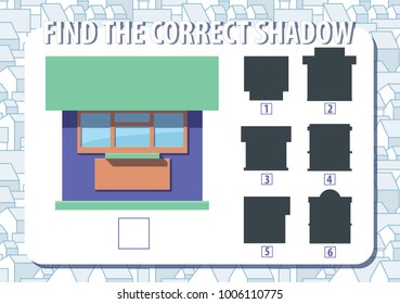 Game for kids. Find the correct shadow of kiosk. Horizontal, album orientation. Urban background with houses. Vector. 