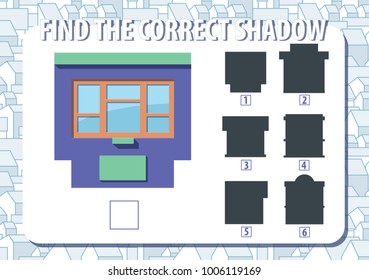 Game for kids. Find the correct shadow of kiosk. Horizontal, album orientation. Urban background with houses. Vector.
