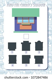 Game for kids. Find the correct shadow of kiosk. Vertical, portrait orientation. Urban background with houses. Vector.