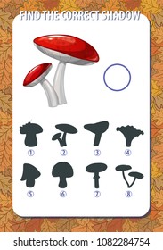 Game for kids. Find the correct shadow of mushroom. Vertical, portrait orientation. Background with autumn yellow oak leaves