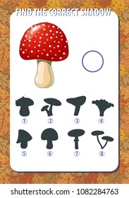 Game for kids. Find the correct shadow of mushroom. Vertical, portrait orientation. Background with autumn yellow oak leaves