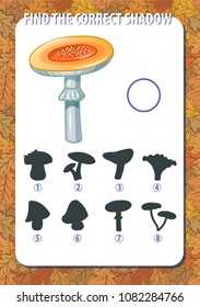 Game for kids. Find the correct shadow of mushroom. Vertical, portrait orientation. Background with autumn yellow oak leaves