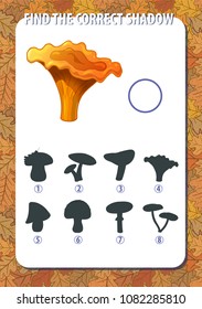 Game for kids. Find the correct shadow of mushroom. Vertical, portrait orientation. Background with autumn yellow oak leaves