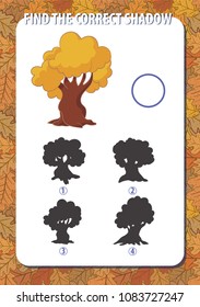 Game for kids. Find the correct shadow of tree (oak). Vertical, portrait orientation. Background with autumn yellow oak leaves.