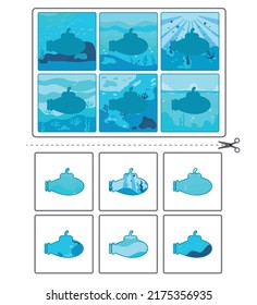 Game for kids. Find the correct shadow. Education worksheet. Matching  Puzzle for children. Submarine. Marine theme. Isolated vector illustration