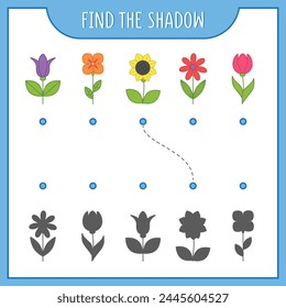 Game for kids. Find correct shadow. Flowers. Activity, vector illustration.