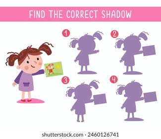 Game for kids. Find correct shadow. Cute little girl with drawing. Cartoon character. Vector illustration. 