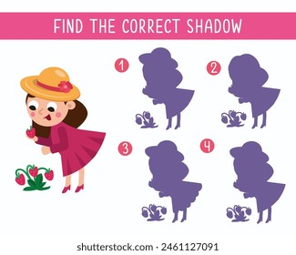 Game for kids. Find correct shadow. Cute mom in garden. Cartoon character. Vector illustration. 