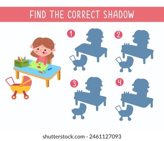 Game for kids. Find correct shadow. Cute little girl with drawing. Cartoon character. Vector illustration. 