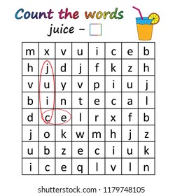 Game for kids - find and count the words. Worksheet. Visual Educational Game for children. Learning math and words.