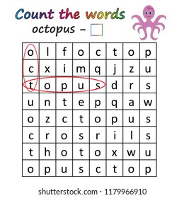 Game for kids - find and count the words. Worksheet. Visual Educational Game for children. Learning math and words.