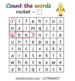 Game for kids - find and count the words. Worksheet. Visual Educational Game for children. Learning math and words.