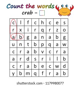 Game for kids - find and count the words. Worksheet. Visual Educational Game for children. Learning math and words.