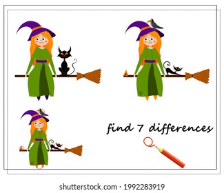 juego para los niños encuentra la diferencia, bruja de dibujos animados sentada en un palo de escoba con un gato, Halloween. vector aislado en un fondo blanco