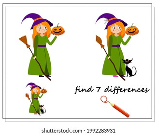 juego para los niños encuentra la diferencia, bruja de dibujos animados con una escoba y una calabaza, Halloween. vector aislado en un fondo blanco.