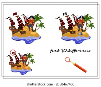 A game for kids find the differences, pirates and a pirate ship on the island. vector isolated on a white background. 
